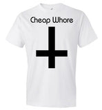 Cheap Whore White/Black Tee (black inverted cross on black shirt available) - Strange and Unusual Co.